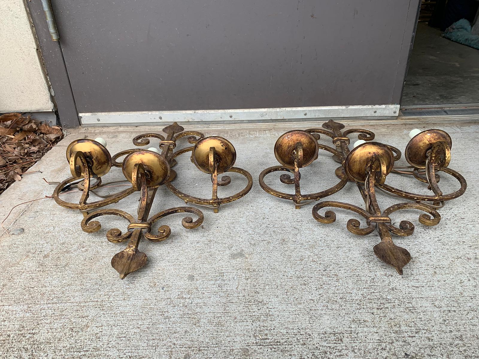 Pair of 20th Century Hand-Hammered Gilt Iron Three-Light Sconces For Sale 10