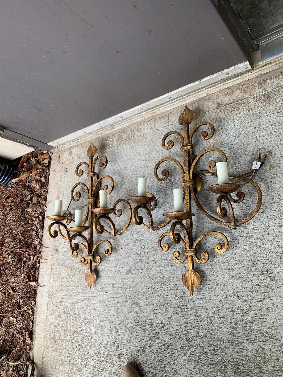 Pair of 20th Century Hand-Hammered Gilt Iron Three-Light Sconces In Good Condition For Sale In Atlanta, GA