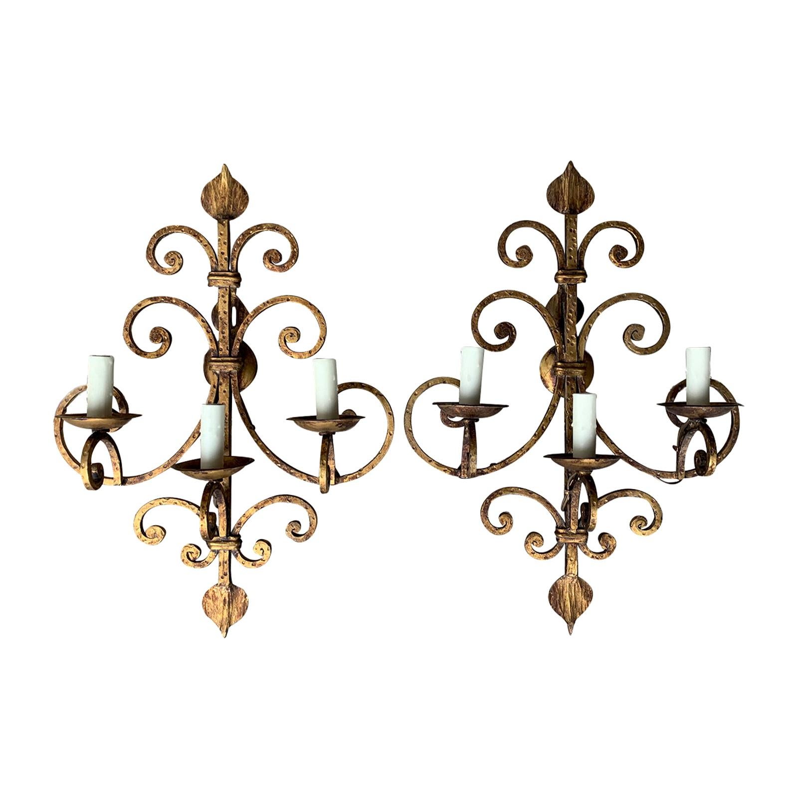 Pair of 20th Century Hand-Hammered Gilt Iron Three-Light Sconces For Sale
