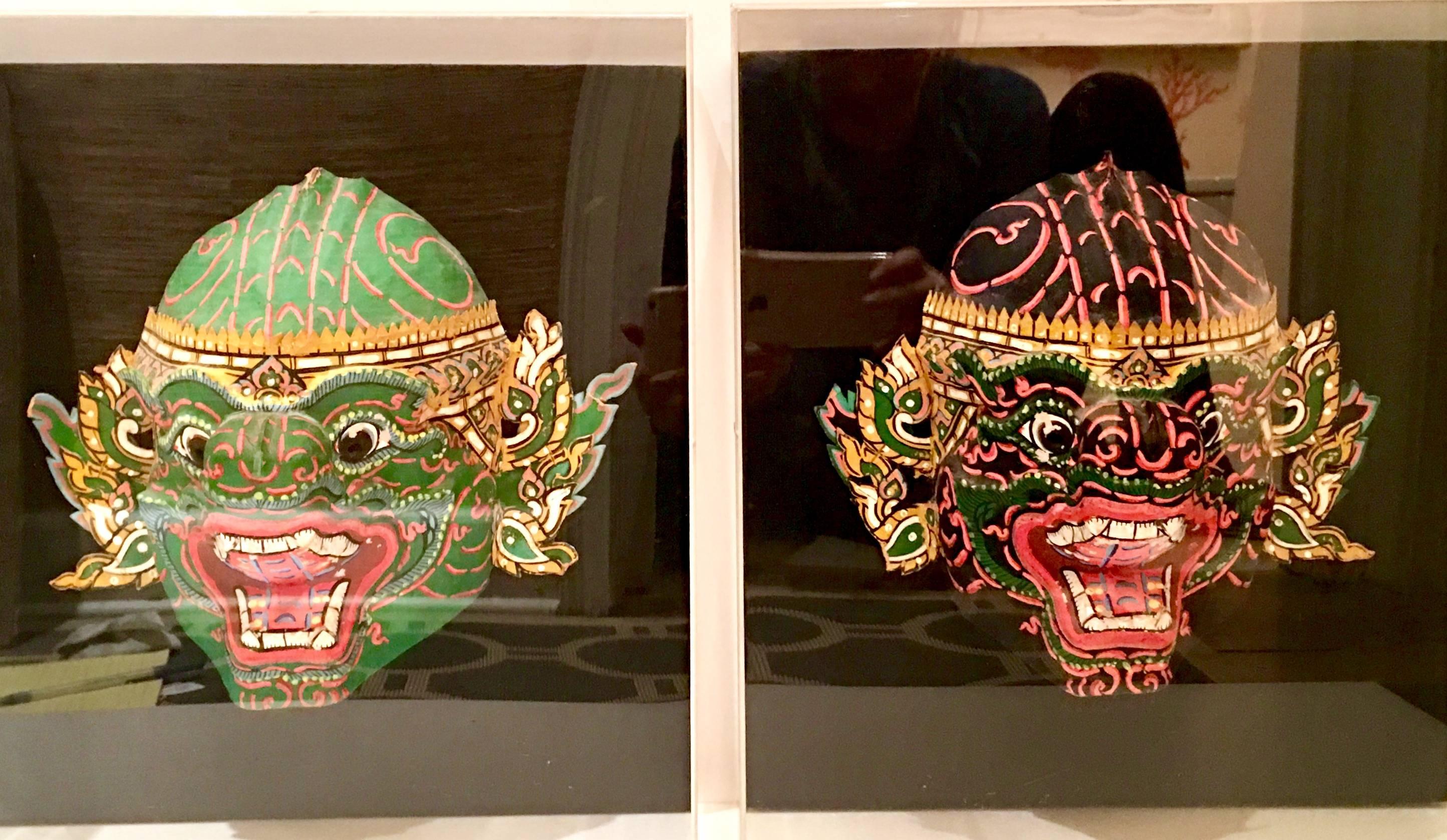 Pair of 20th Century Hand-Painted Masks Mounted in Lucite Shadow Box In Excellent Condition For Sale In West Palm Beach, FL