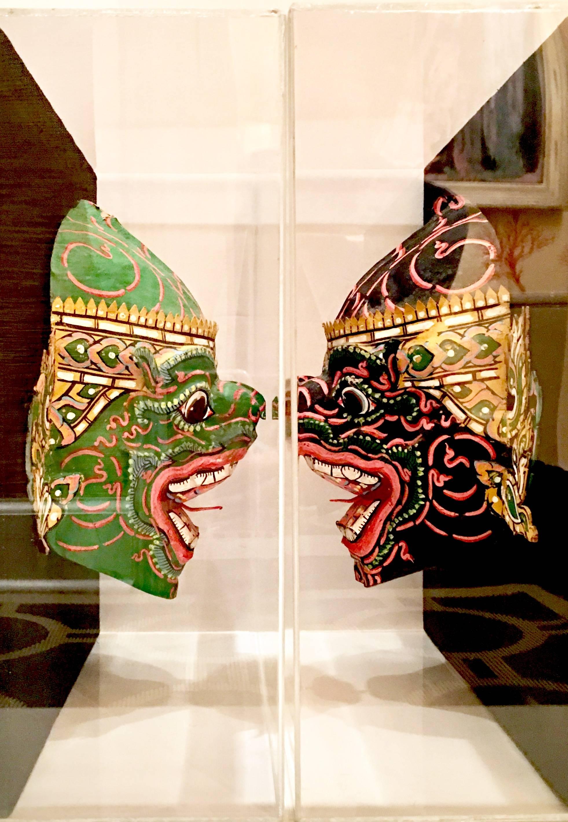 Paper Pair of 20th Century Hand-Painted Masks Mounted in Lucite Shadow Box For Sale