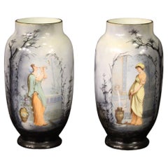 Antique Pair of 20th Century Hand Painted Opaline French Vases, 1920