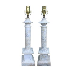 Pair of 20th Century Honed Marble Column Lamps with Classical Details