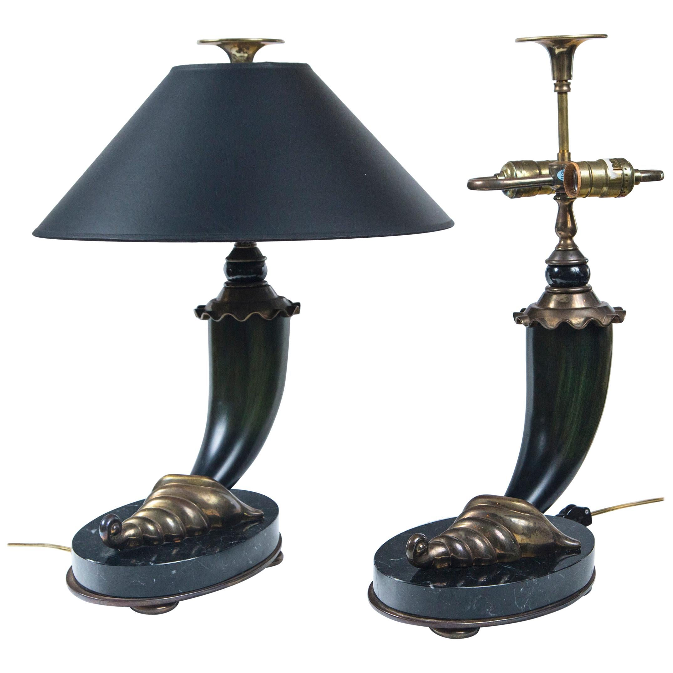 Pair of 20th Century Horn and Brass Table Lamps For Sale