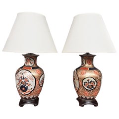 Vintage Pair of 20th Century Imari Style Porcelain Vase Table Lamps