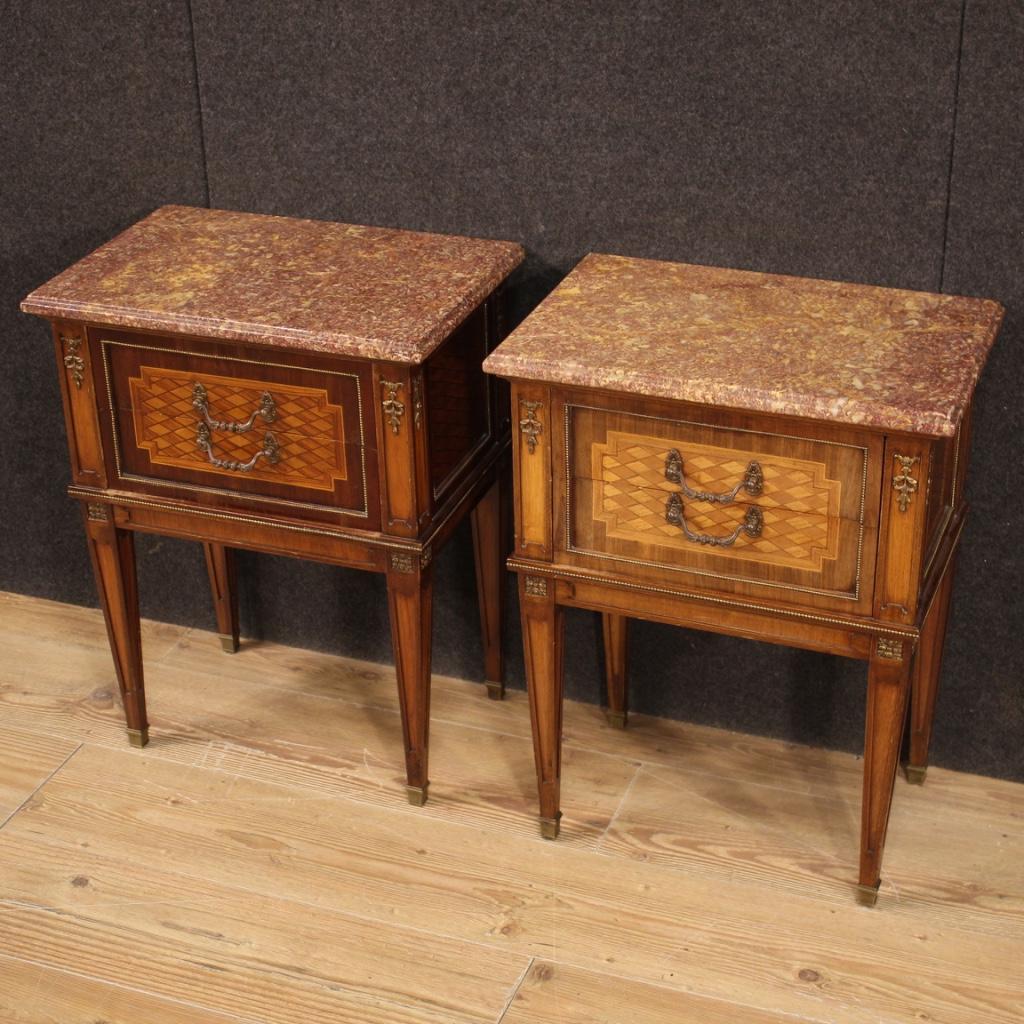 Mid-20th Century Pair of 20th Century Inlaid Wood French Louis XVI Style Bedside Tables, 1960