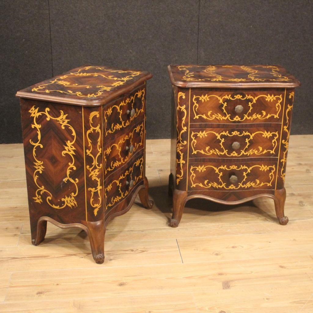 Pair of Italian bedside tables from the mid-20th century. Carved and inlaid furniture in walnut, maple and beech woods of beautiful decoration and great impact. Nightstands with three large drawers and wooden top in character, of good service.