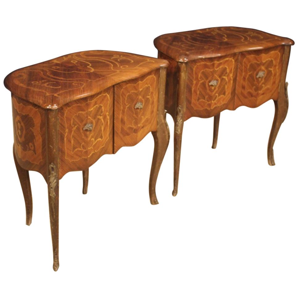 Pair of 20th Century Inlaid Walnut Rosewood Beech Italian Bedside Tables, 1950