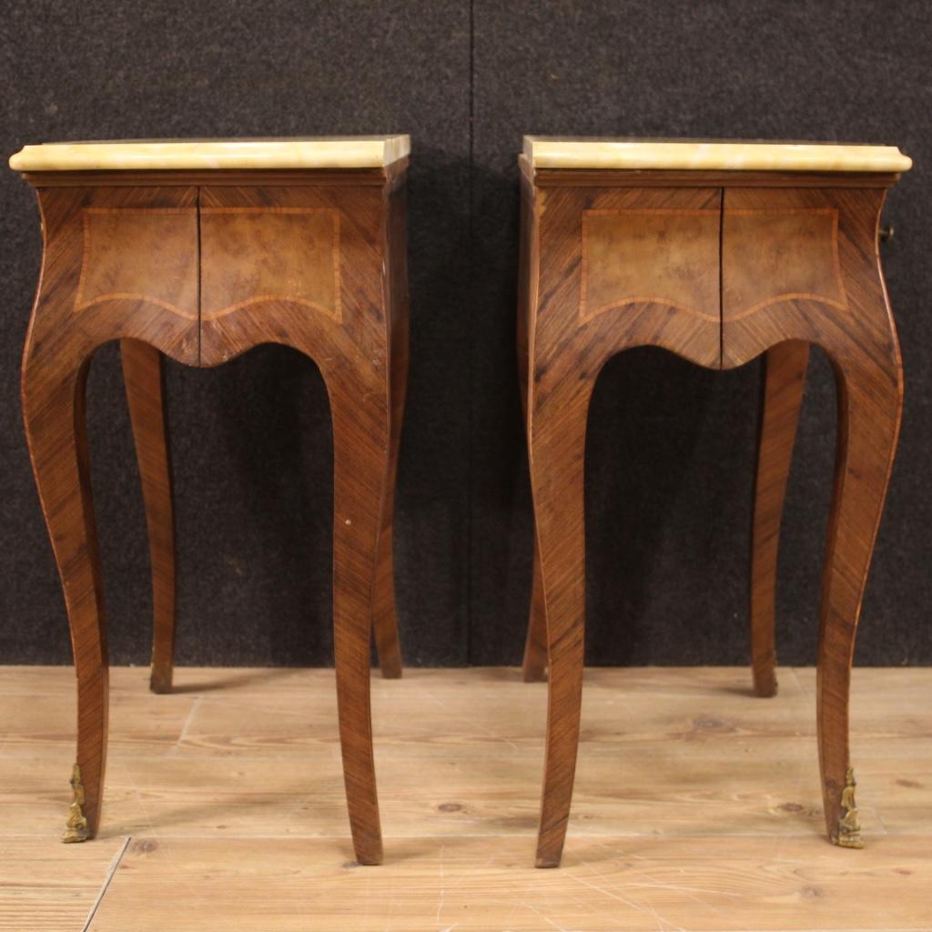 Pair of 20th Century Inlaid with Marble-Top Italian Louis XV Style Nightstands 8