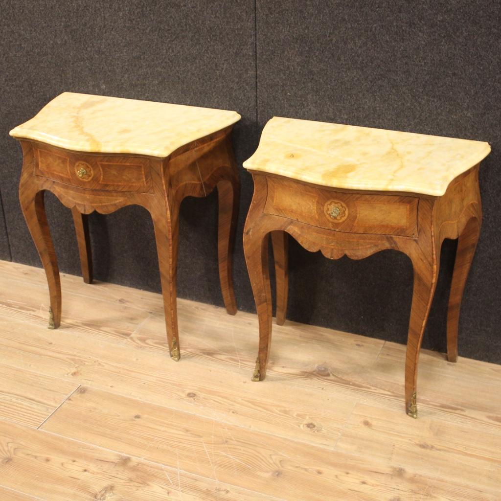 Pair of 20th Century Inlaid with Marble-Top Italian Louis XV Style Nightstands In Fair Condition In Vicoforte, Piedmont