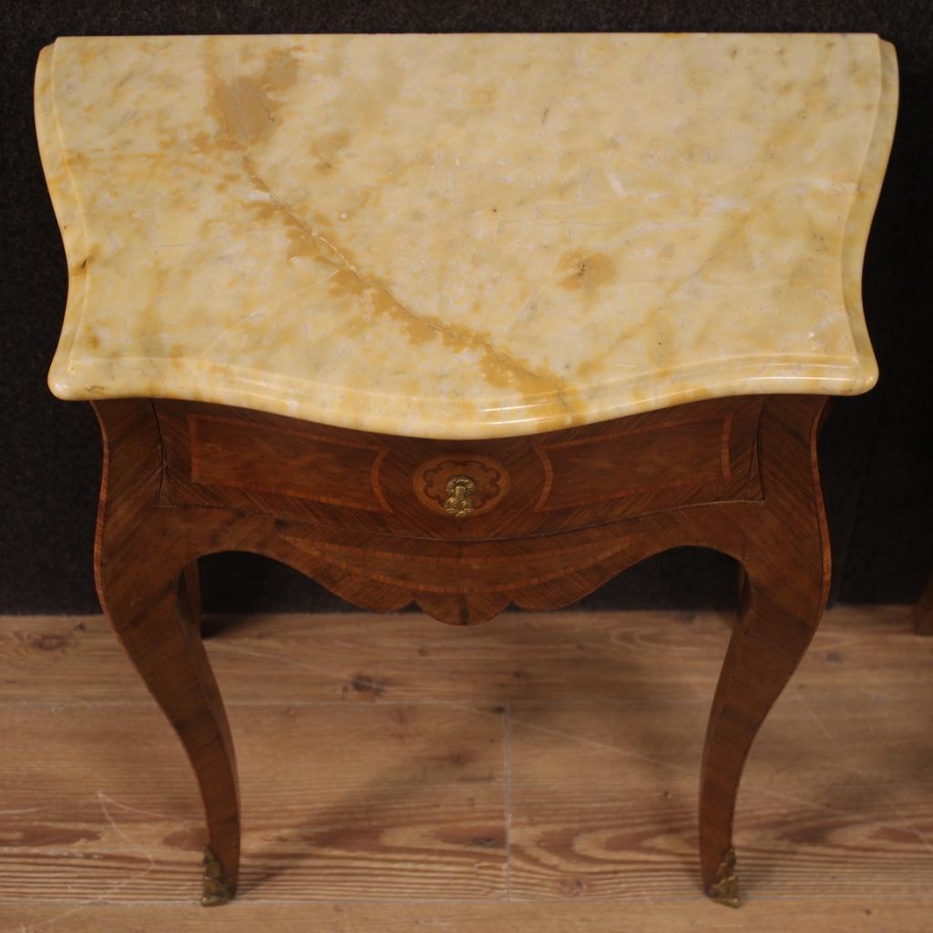 Pair of 20th Century Inlaid with Marble-Top Italian Louis XV Style Nightstands 2