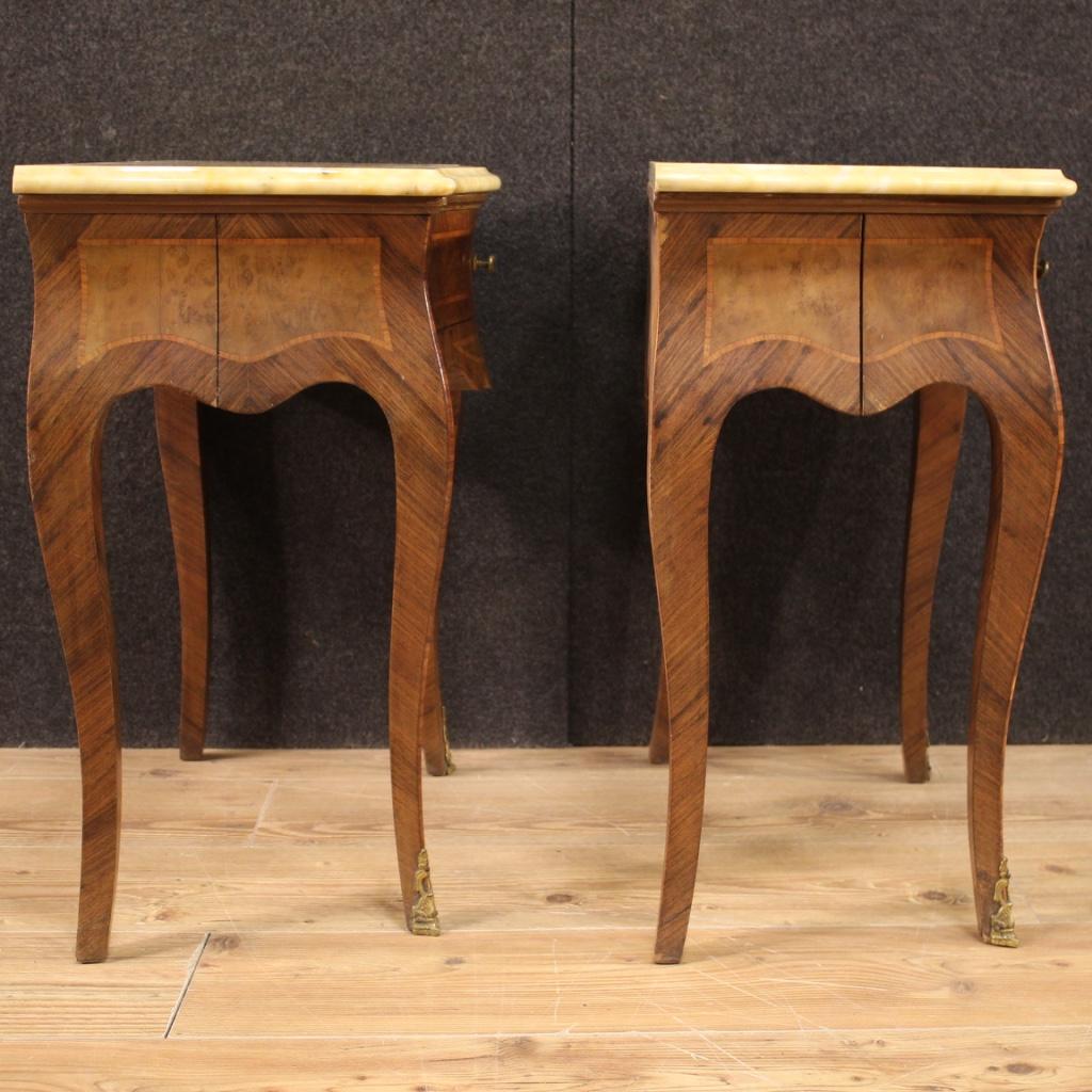 Pair of 20th Century Inlaid with Marble-Top Italian Louis XV Style Nightstands 5