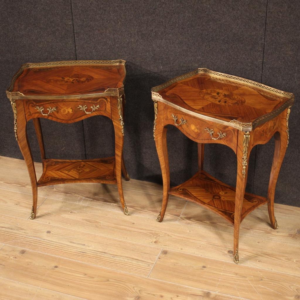 Mid-20th Century Pair of 20th Century Inlaid Wood French Bedside Tables, 1960