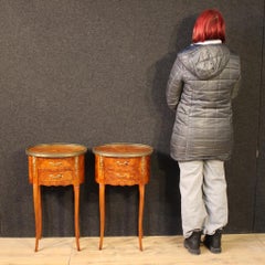Pair of 20th Century Inlaid Wood French Oval Night Stands, 1950s