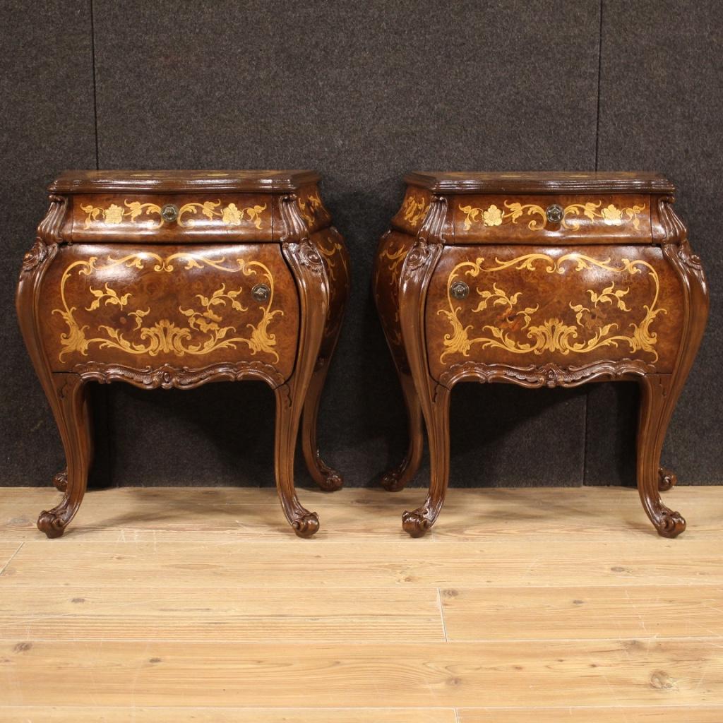 Inlay Pair of 20th Century Inlaid Wood Italian Bedside Tables, 1960