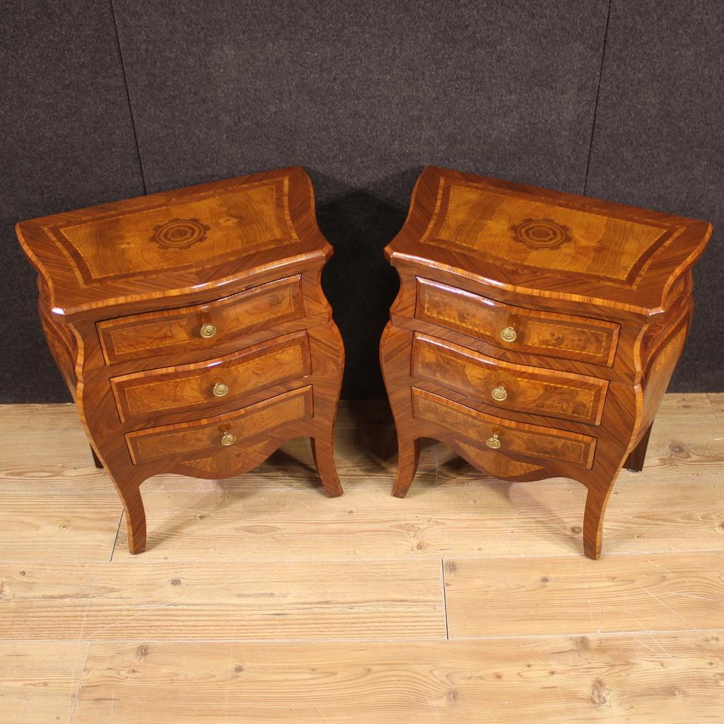 Italian bedside tables from the 20th century. Moved and rounded furniture in Louis XV style inlaid in walnut, rosewood, maple, burl and fruitwood. Bedside tables of beautiful line and pleasant furnishings equipped with three drawers of good capacity