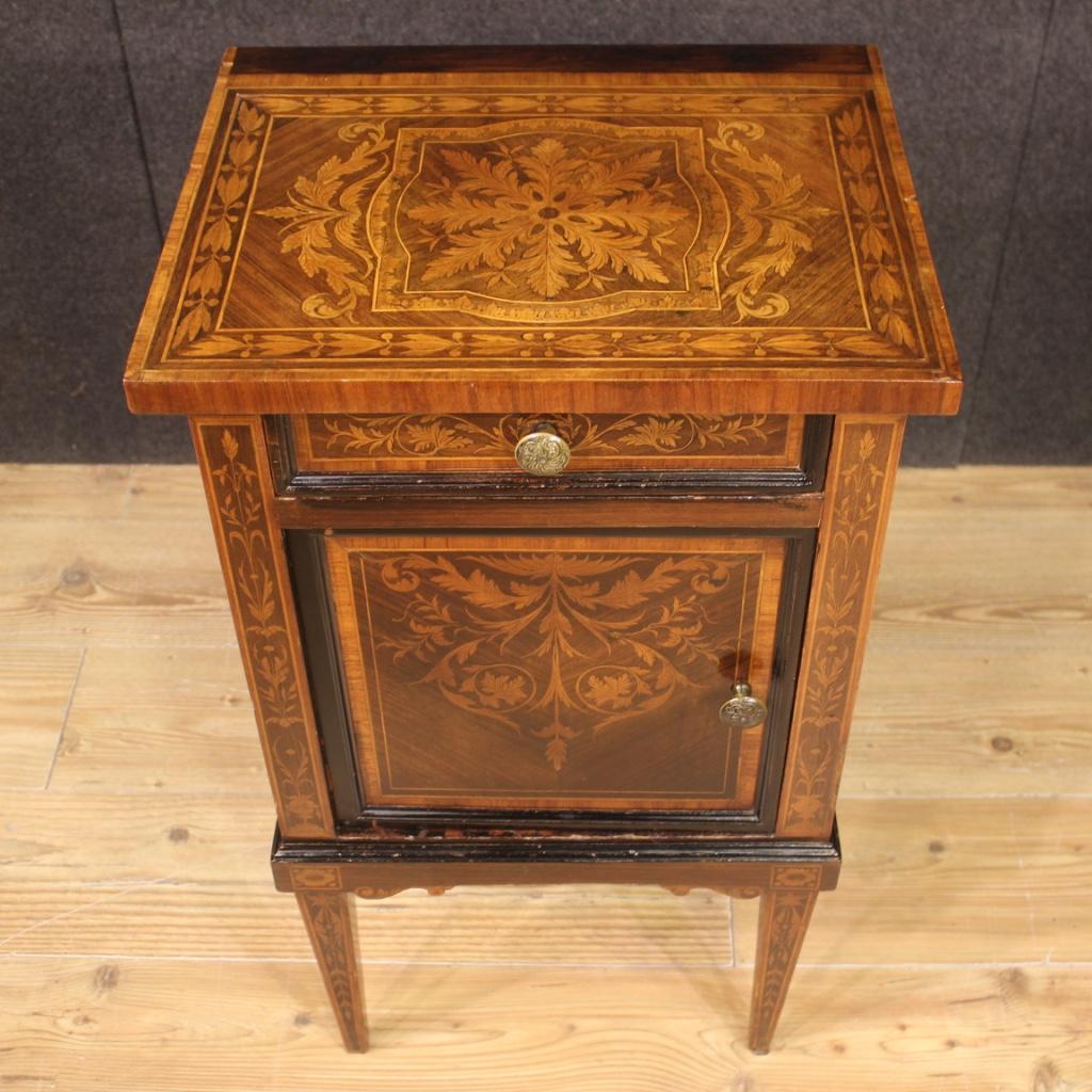 Pair of Lombard bedside tables from the mid-20th century. High quality Louis XVI style furniture richly inlaid in walnut, maple, palisander, ebonized wood and fruit woods. Bedside tables of beautiful line and excellent proportion equipped with a