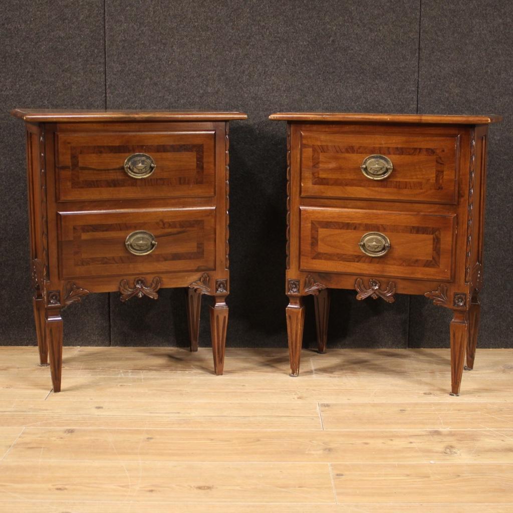 Pair of 20th Century Inlaid Wood Italian Louis XVI Style Bedside Tables, 1960 In Fair Condition In Vicoforte, Piedmont