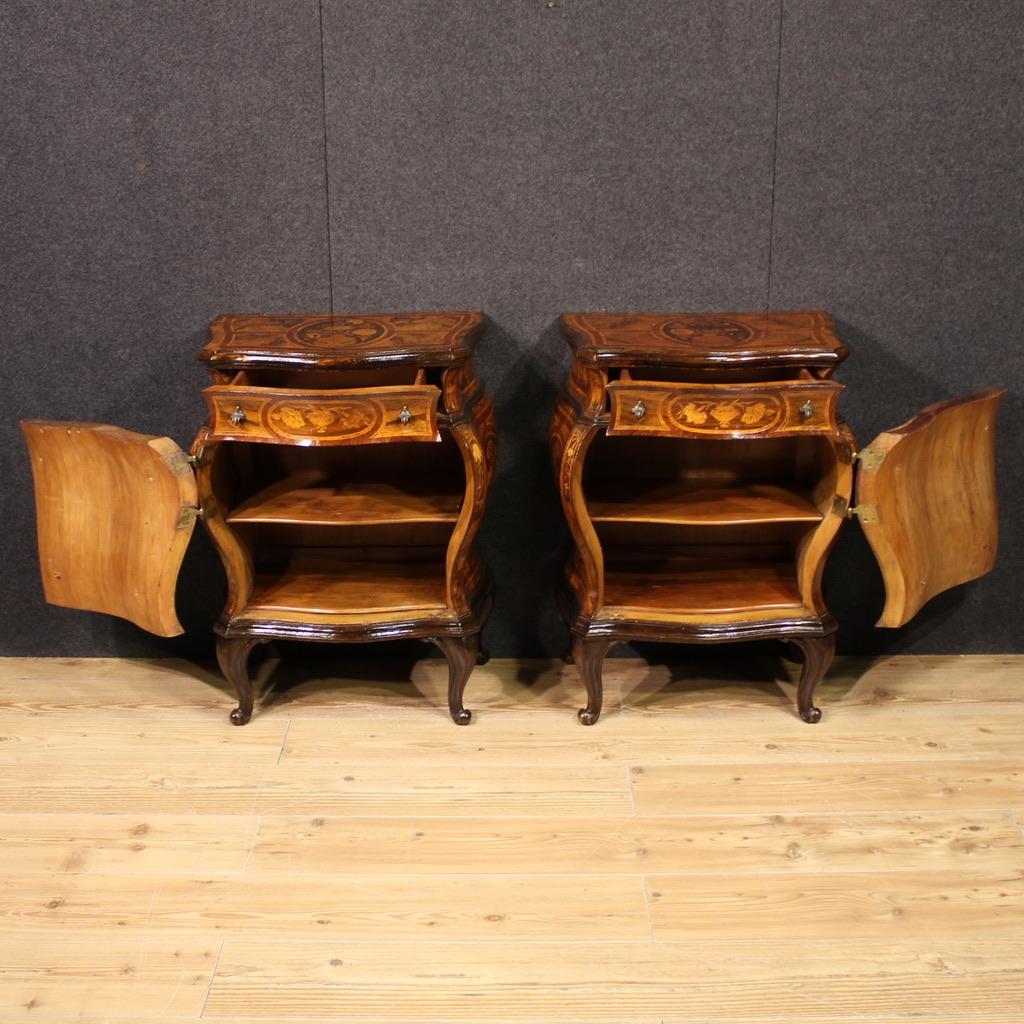 Luigi XV Pair of 20th Century Inlaid Wood Louis XV Style Lombard Bedside Tables, 1950 in vendita