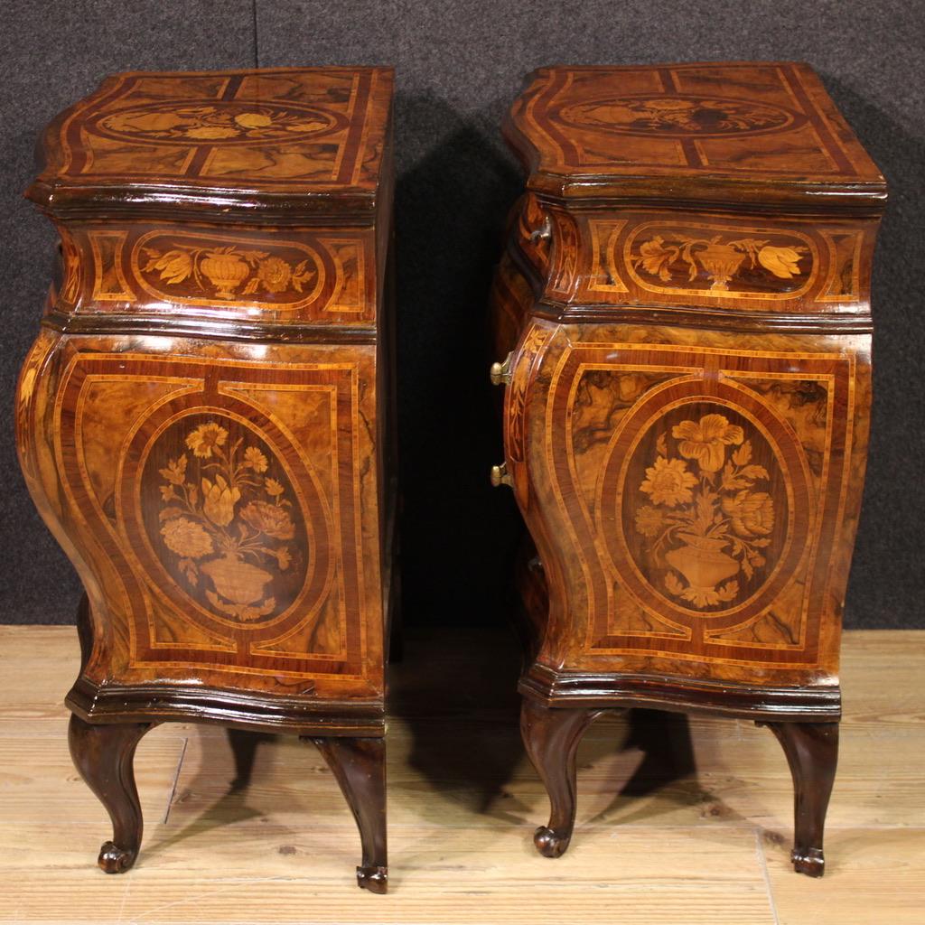 Pair of 20th Century Inlaid Wood Louis XV Style Lombard Bedside Tables, 1950 in vendita 1