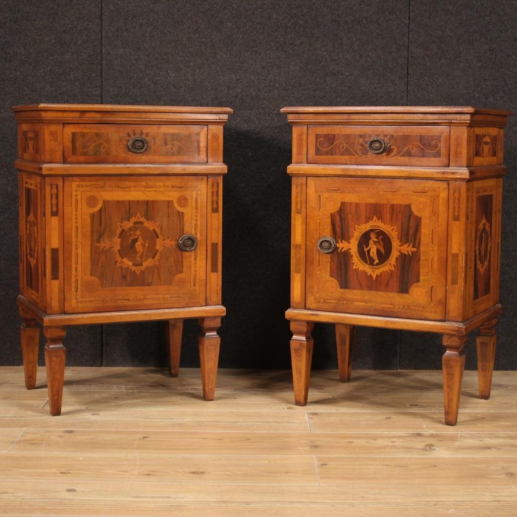 Inlay Pair of 20th Century Inlaid Wood Louis XVI Style Italian Bedside Tables, 1970