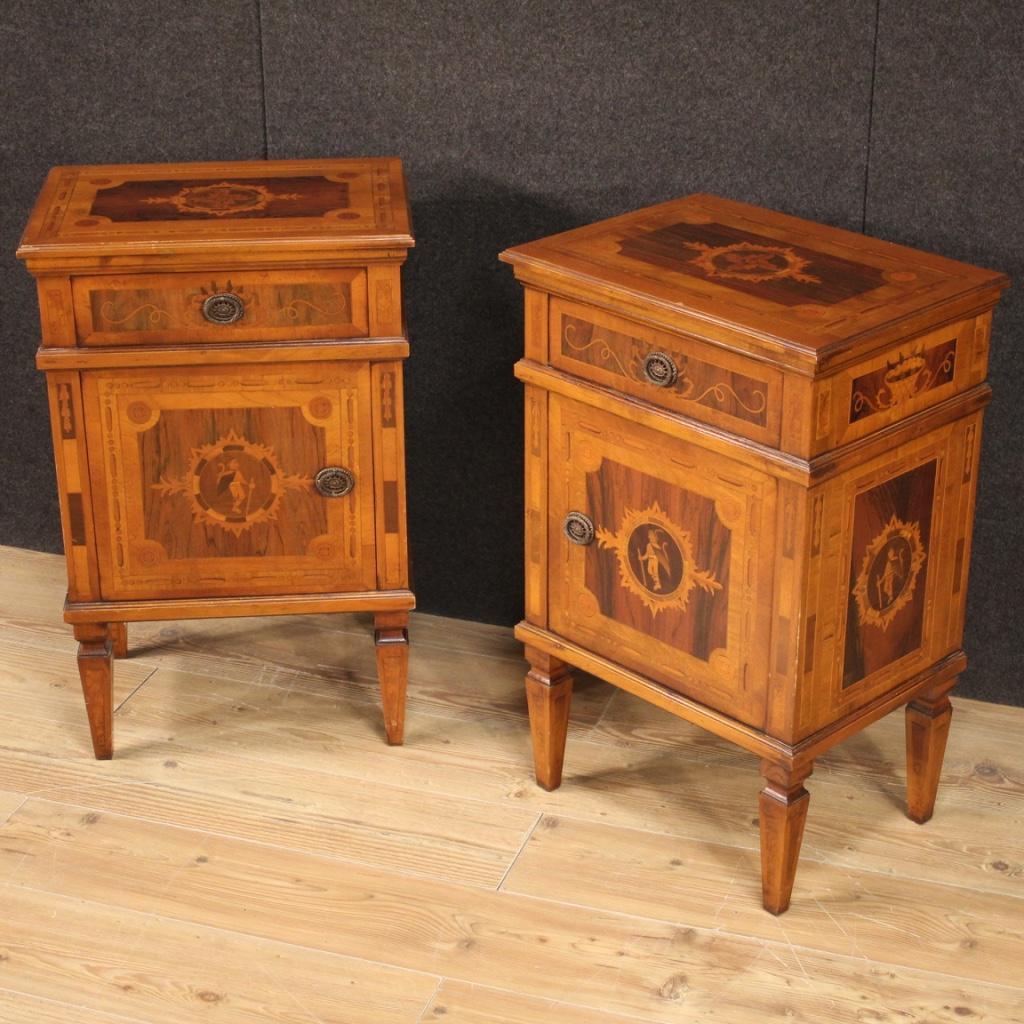 Late 20th Century Pair of 20th Century Inlaid Wood Louis XVI Style Italian Bedside Tables, 1970