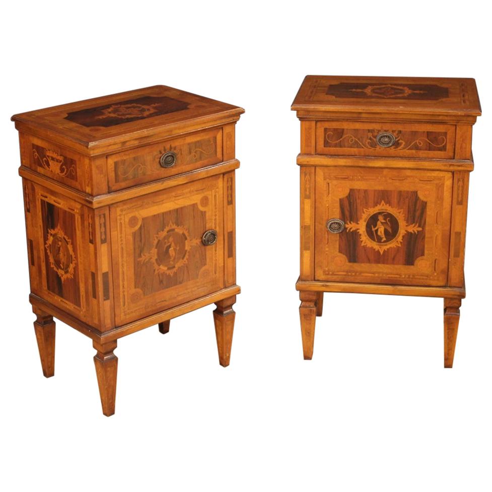 Pair of 20th Century Inlaid Wood Louis XVI Style Italian Bedside Tables, 1970