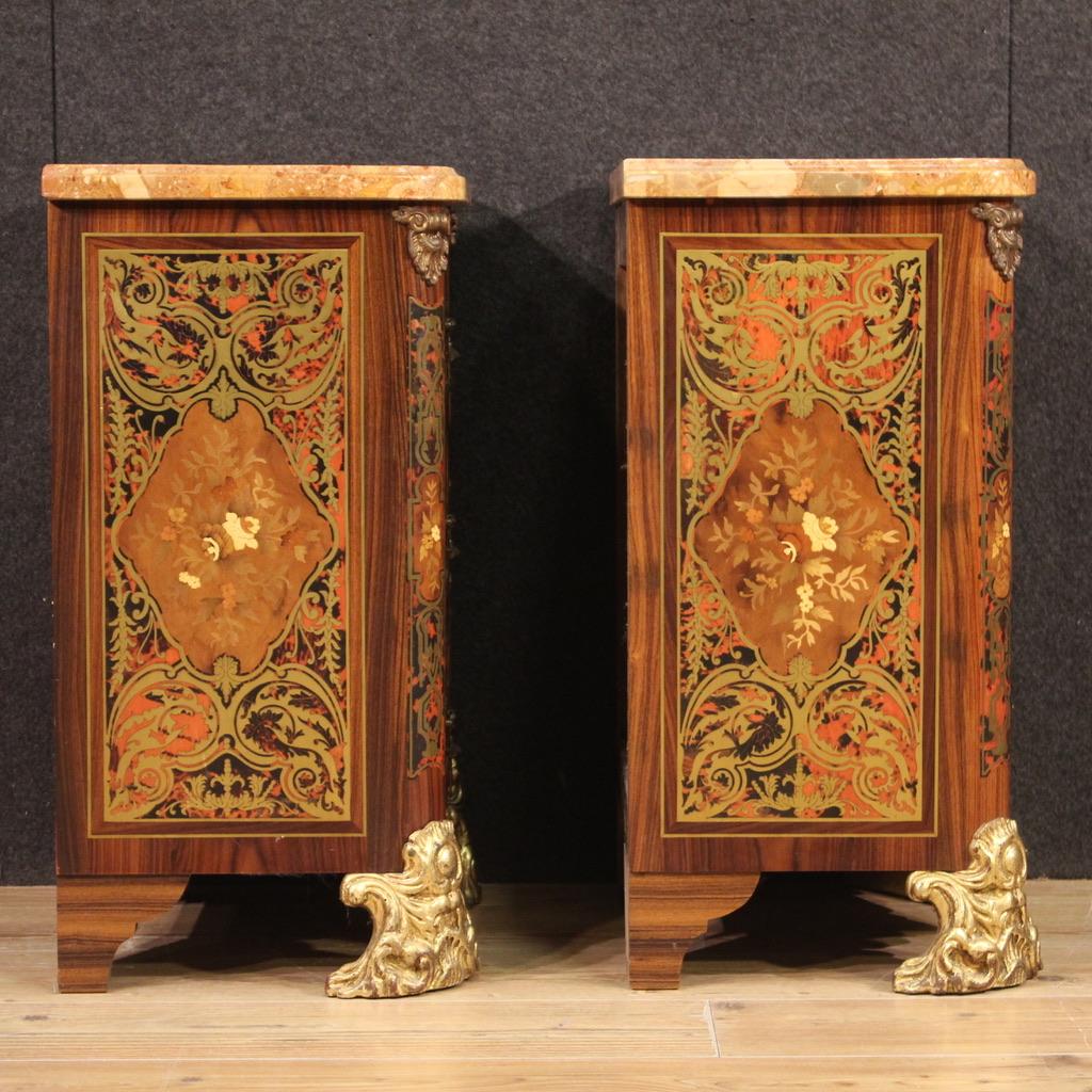 Pair of 20th Century Inlaid Wood Marble Top French Boulle Style Night Stands 5
