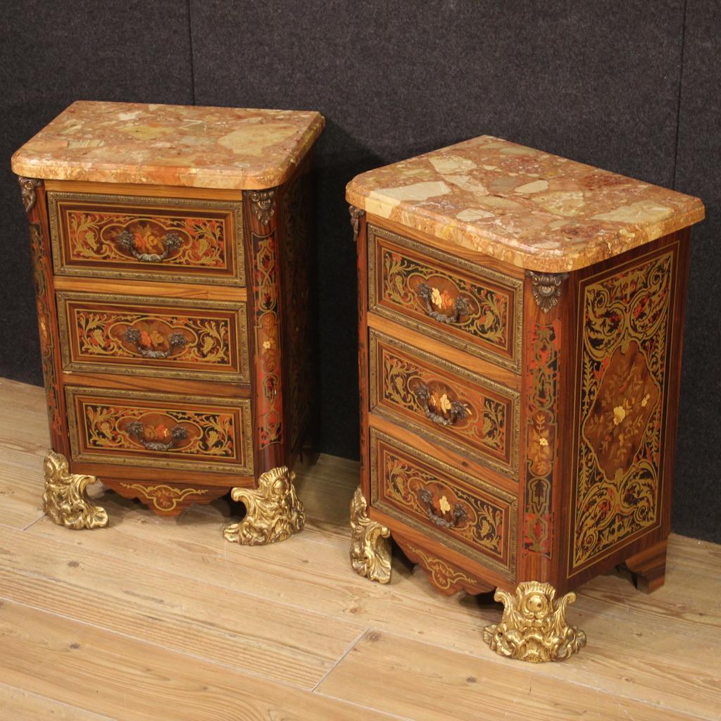 Pair of 20th Century Inlaid Wood Marble Top French Boulle Style Night Stands In condizioni buone a Vicoforte, Piedmont