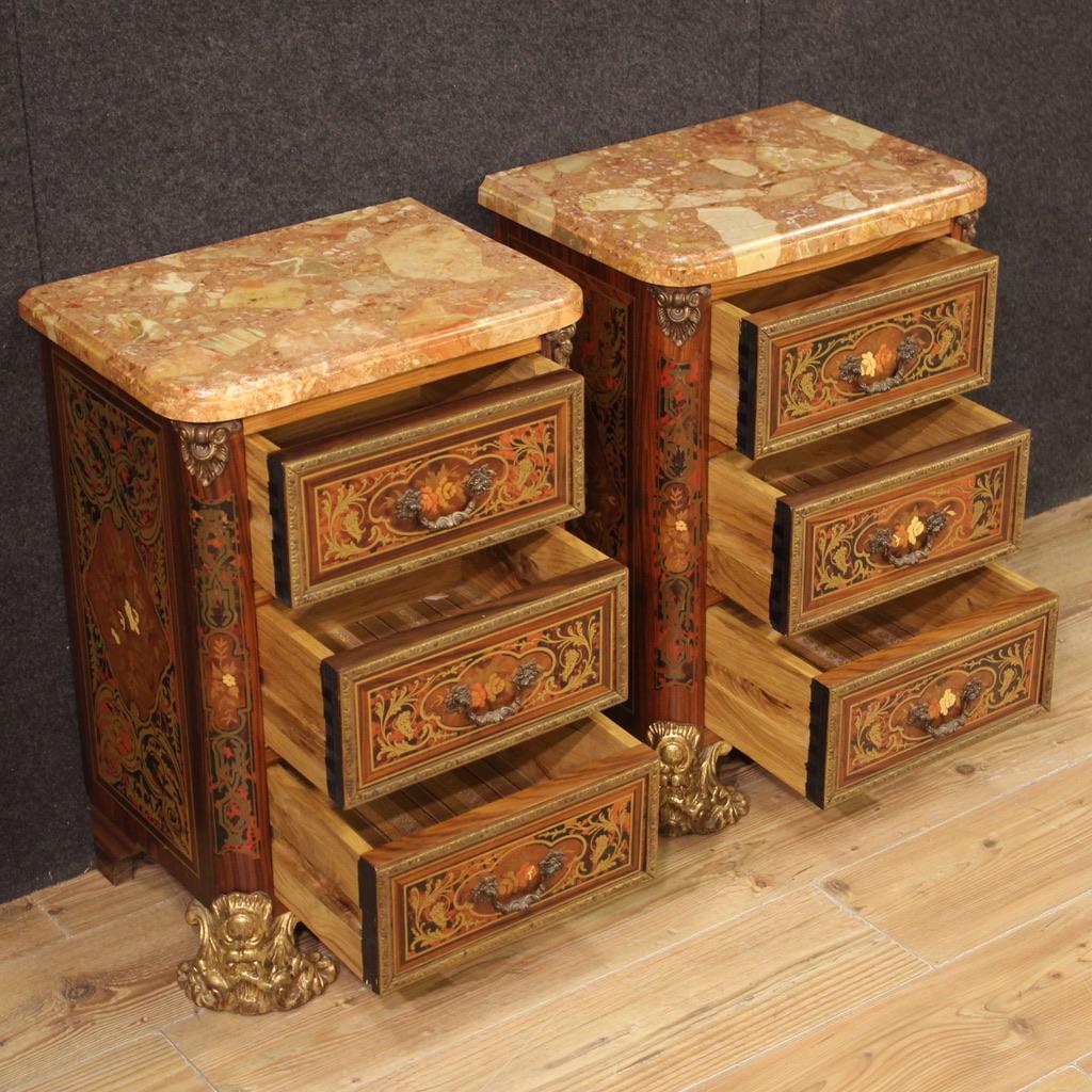 Metà XX secolo Pair of 20th Century Inlaid Wood Marble Top French Boulle Style Night Stands
