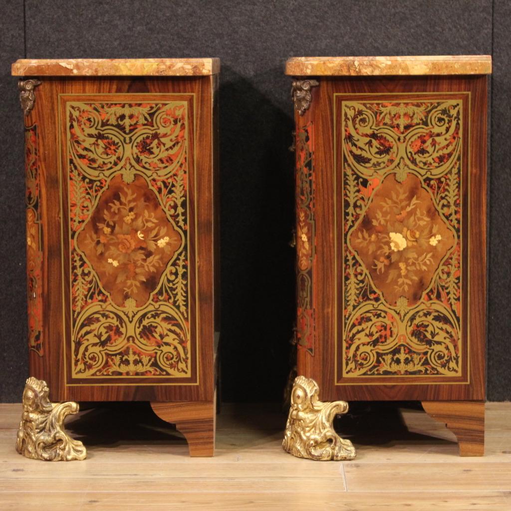 Marmo Pair of 20th Century Inlaid Wood Marble Top French Boulle Style Night Stands