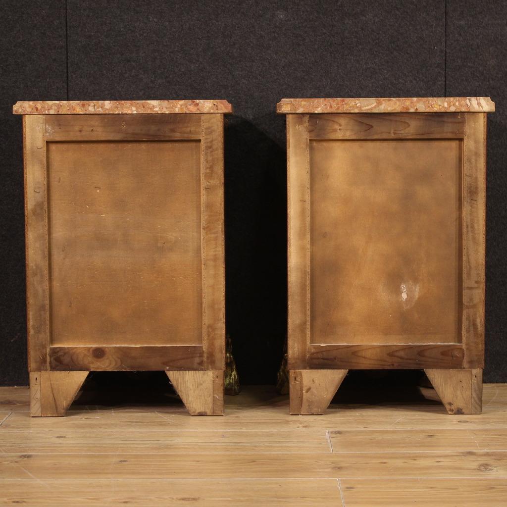 Pair of 20th Century Inlaid Wood Marble Top French Boulle Style Night Stands 1