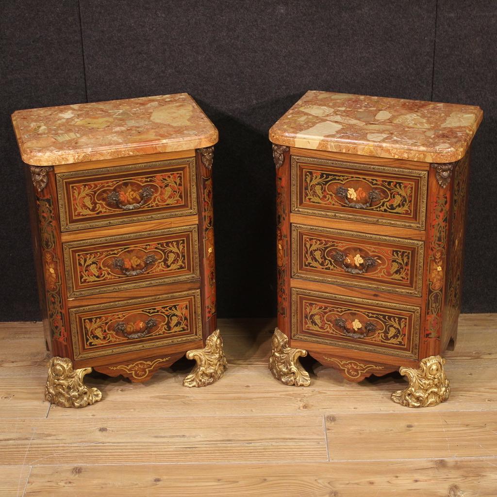 Pair of 20th Century Inlaid Wood Marble Top French Boulle Style Night Stands 3