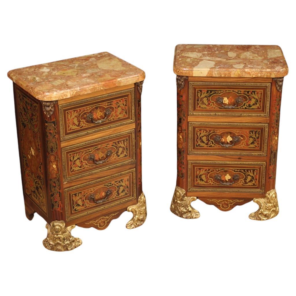 Pair of 20th Century Inlaid Wood Marble Top French Boulle Style Night Stands