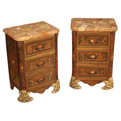 Pair of 20th Century Inlaid Wood Marble Top French Boulle Style Night Stands