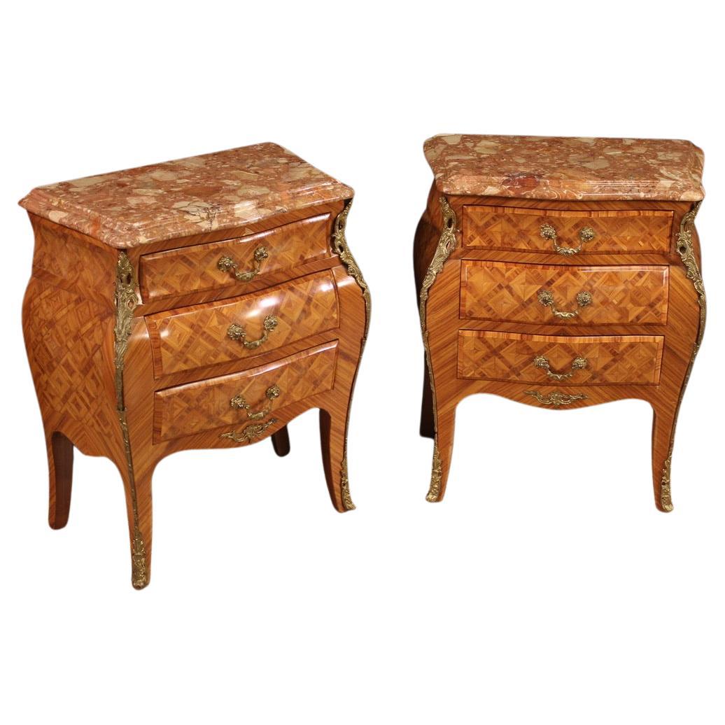 Pair of 20th Century Inlaid Wood Marble Top French Louis XV Night Stands, 1960s