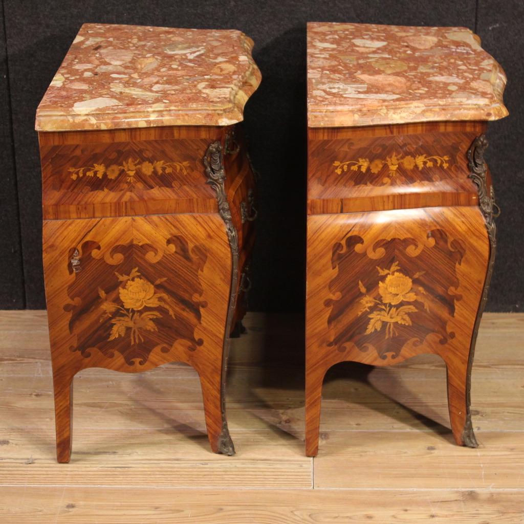 Pair of 20th Century Inlaid Wood Marble Top French Night Stands Louis XV Style In Good Condition For Sale In Vicoforte, Piedmont