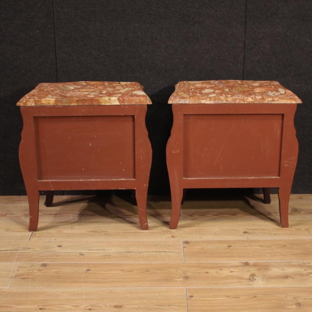 Mid-20th Century Pair of 20th Century Inlaid Wood Marble Top French Night Stands Louis XV Style