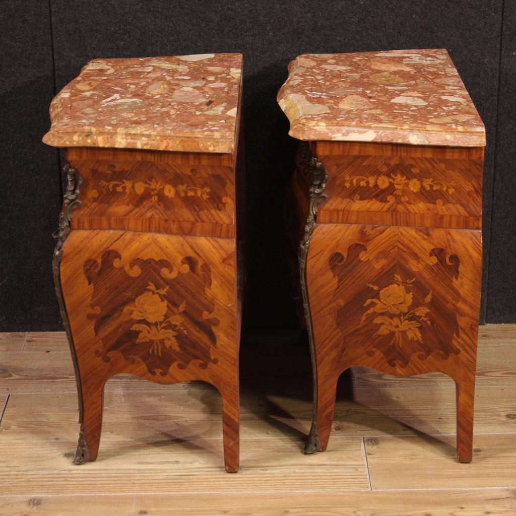 Bronze Pair of 20th Century Inlaid Wood Marble Top French Night Stands Louis XV Style For Sale