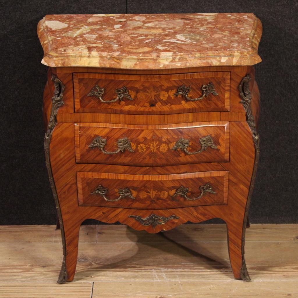 Pair of 20th Century Inlaid Wood Marble Top French Night Stands Louis XV Style 1
