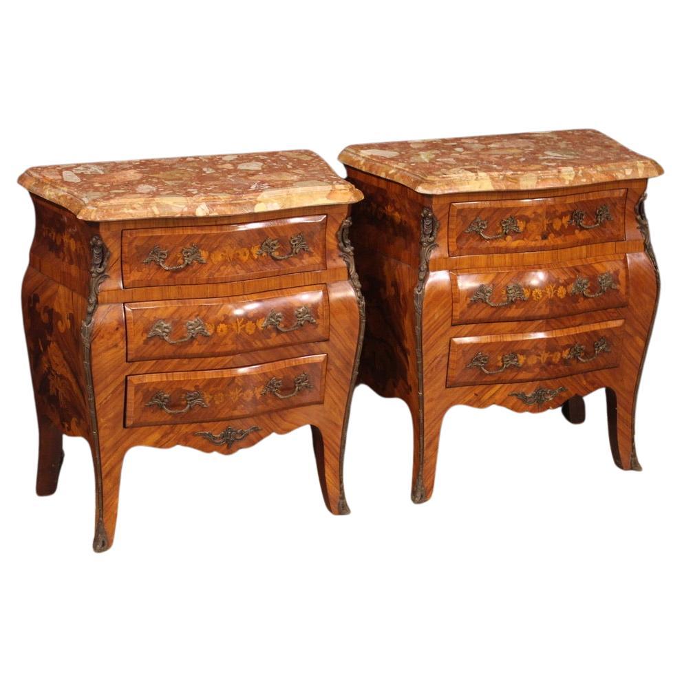 Pair of 20th Century Inlaid Wood Marble Top French Night Stands Louis XV Style For Sale