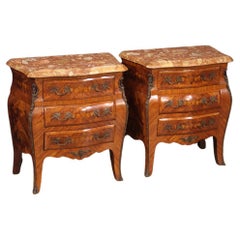 Retro Pair of 20th Century Inlaid Wood Marble Top French Night Stands Louis XV Style