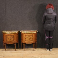 Pair of 20th Century Inlaid Wood Marble Top Half Moon Italian Night Stands, 1960