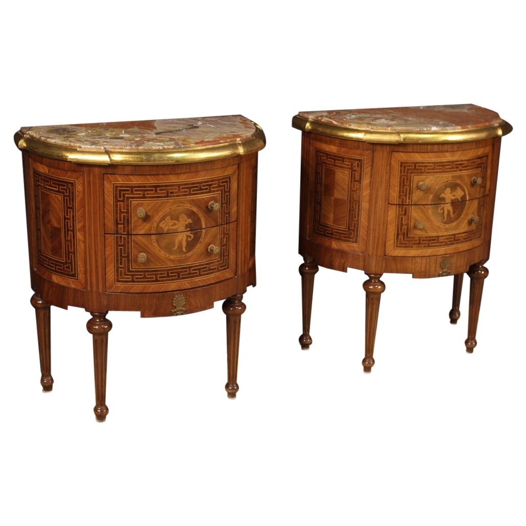 Pair of 20th Century Inlaid Wood Marble Top Half Moon Italian Night Stands, 1960
