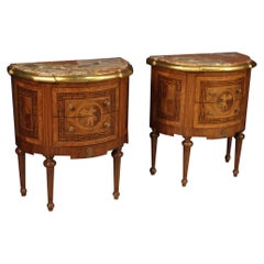 Vintage Pair of 20th Century Inlaid Wood Marble Top Half Moon Italian Night Stands, 1960