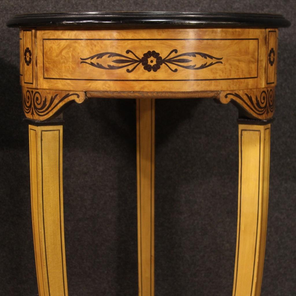 Pair of 20th century French columns. Fabulously decorated furniture inlaid in rosewood, elm, beech, ebonized wood and fruitwood. High solidity vase or sculpture holder tables ideal for use in a living room or studio. Wooden top in character that