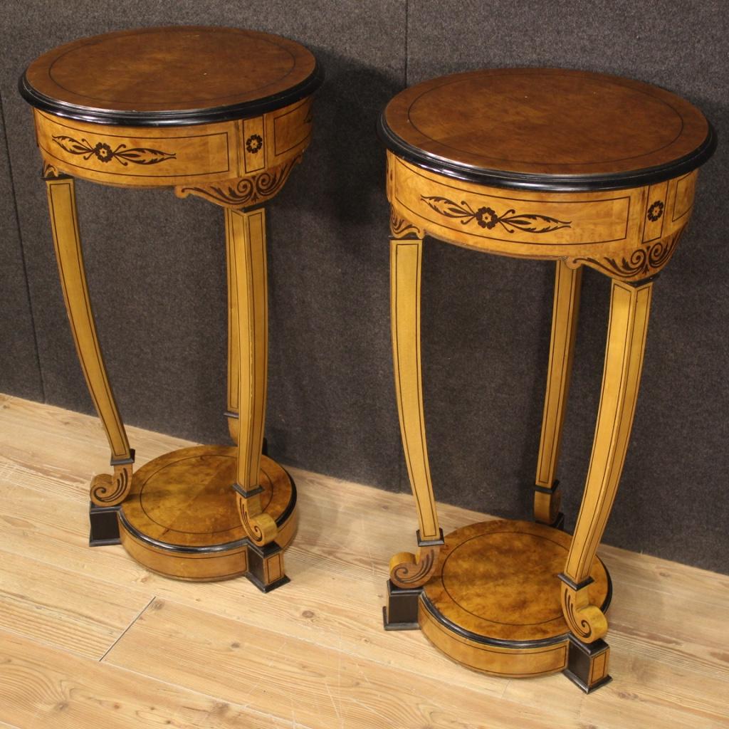 Pair of 20th Century Inlaid Wood Round Italian Side Tables Columns, 1960 In Good Condition In Vicoforte, Piedmont
