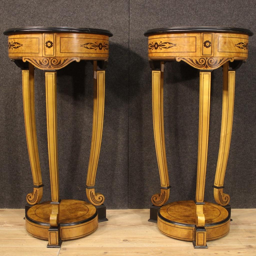 Pair of 20th Century Inlaid Wood Round Italian Side Tables Columns, 1960 1