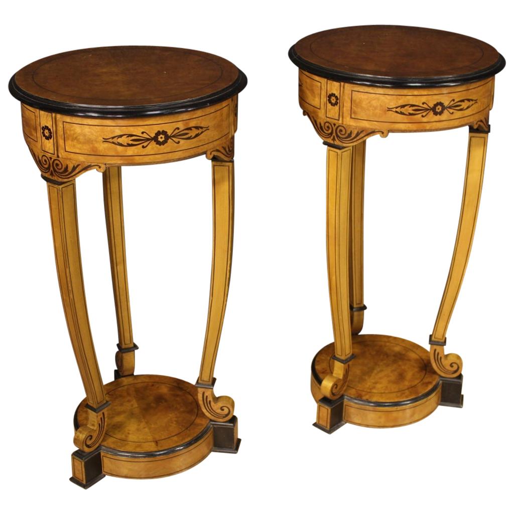 Pair of 20th Century Inlaid Wood Round Italian Side Tables Columns, 1960