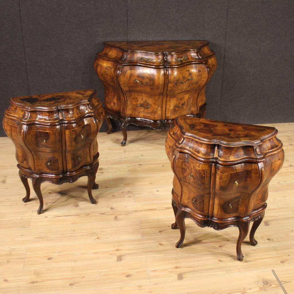 Venetian bedside tables from the first half of the 20th century. Wavy and rounded furniture of fabulous lines and pleasant furnishings, carved, veneered and inlaid in walnut, burl, maple and beech. Bedside tables equipped with two drawers of